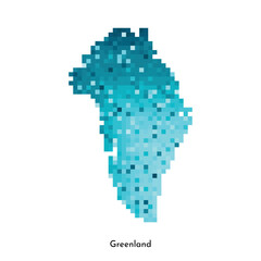 Vector isolated geometric illustration with simplified icy blue silhouette of Greenland map. Pixel art style for NFT template. Dotted logo with gradient texture on white background
