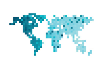 Vector isolated geometric illustration with simplified icy blue silhouette of world map. Pixel art style for NFT template. Dotted logo with gradient texture on white background