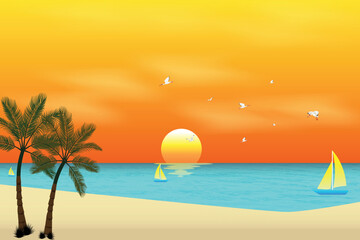 Fototapeta na wymiar Beautiful sunset beach scene with nice trees background