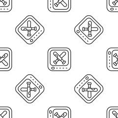 Grey line Monitor with baseball ball and bat on the screen icon isolated seamless pattern on white background. Online baseball game. Vector