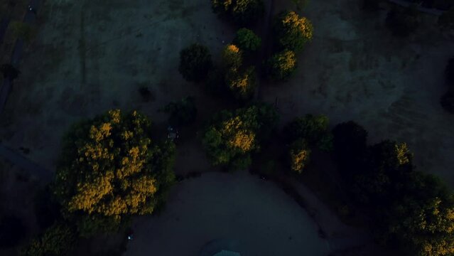 Aerial top view of a building dome in a park surrounded by green trees in a town at golden hour