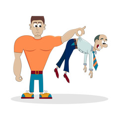 The concept of quitting your job. A giant employee dismisses a supervisor from his job. People overthrew the president. Dominance, power, justice. conceptual banner. Flat vector illustration, cartoon 