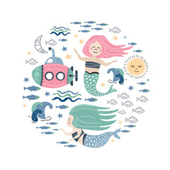 Circular illustration with cute cartoon mermaids and pink submarine.