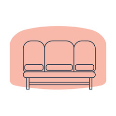 Comfortable sofa with three pillow. Image of couch in line art style. Element furniture of the interior. Modern stylish object for relaxation. Flat illustration with settee on shape background