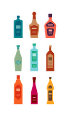 Bottle of gin whiskey vodka liquor brandy cognac wine rum beer vermouth. Graphic design for any purposes. Flat style. Color form. Party drink concept. Simple image shape