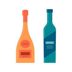Bottle of wine and gin or vodka great design for any purposes. Flat style. Color form. Party drink concept. Simple image shape
