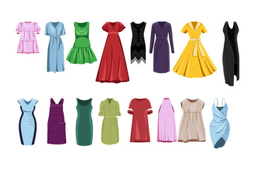 Various female dresses cartoon illustration set. Women gowns in different styles and colors. Trendy and stylish wrap, maxi, mini dresses, tunics, apparel and garment. Clothes, fashion concept