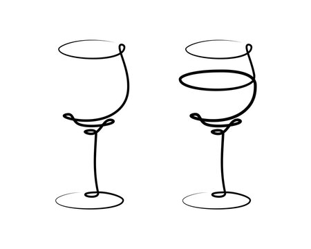 Wine wineglass on white background. Graphic arts sketch design. Black one line drawing style. Hand drawn image. Alcohol drink concept for restaurant, cafe, party. Freehand drawing style