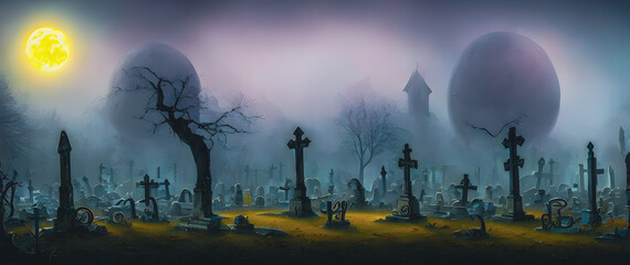 Artistic painting concept of Halloween background with pumpkin in a spooky Graveyard at night, Natural color, digital art style, illustration painting. Creative Design, Tender and dreamy design.
