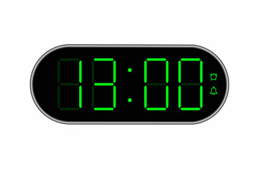 Vector flat illustration of a digital clock displaying 13.00 . Illustration of alarm with digital number design. Clock icon for hour, watch, alarm signs.