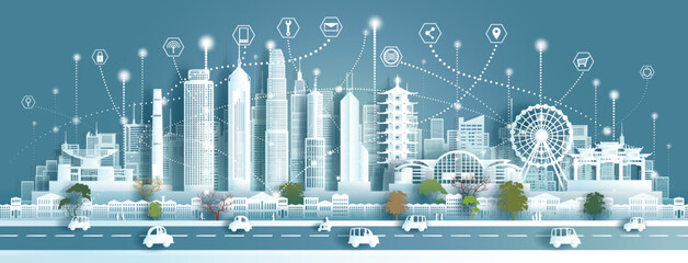 Technology wireless network communication smart city with architecture landmarks Hong kong. - obrazy, fototapety, plakaty
