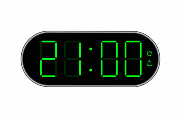 Vector flat illustration of a digital clock displaying 21.00 . Illustration of alarm with digital number design. Clock icon for hour, watch, alarm signs.