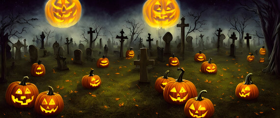 Fototapeta premium Artistic painting concept of Halloween background with pumpkin in a spooky Graveyard at night, Natural color, digital art style, illustration painting. Creative Design, Tender and dreamy design.