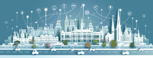 Technology wireless network communication smart city with architecture landmarks Austria.
