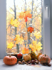 Pumpkins, books, sweater, nuts and autumn leaves on window sill. autumn bakground. symbol of fall season. home cozy composition, fall time concept