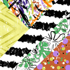 abstract background pattern, with triangles, stripes, dots, paint strokes and splashes