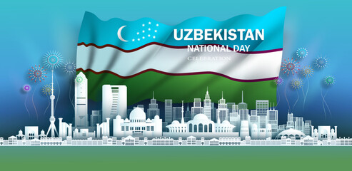 Anniversary celebration independence Uzbekistan day and travel landmarks samarkand city. - obrazy, fototapety, plakaty
