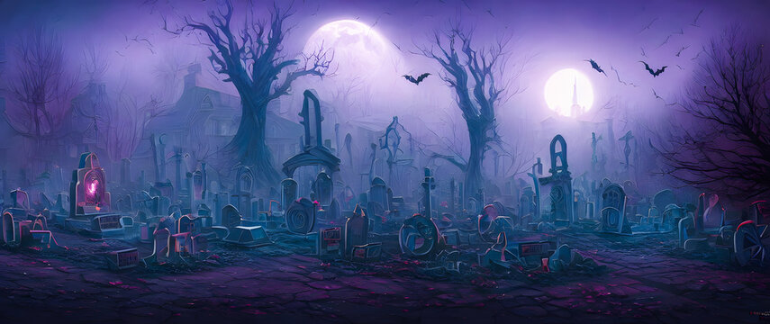Artistic painting concept of Halloween background with pumpkin in a spooky Graveyard at night, Natural color, digital art style, illustration painting. Creative Design, Tender and dreamy design. © 4K_Heaven