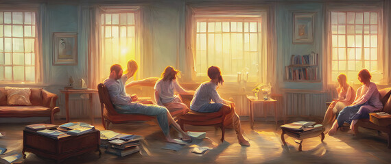 Artistic concept painting of therapy illustration, Psychological trauma. Psychologist working with depressed man at office