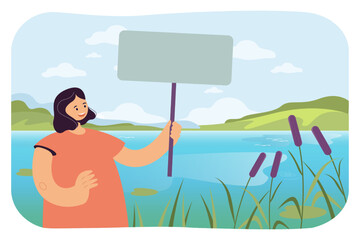 Activist holding empty sign board. Woman standing on edge of river landscape with protest banner flat vector illustration. Campaign, ecology concept for banner, website design or landing web page