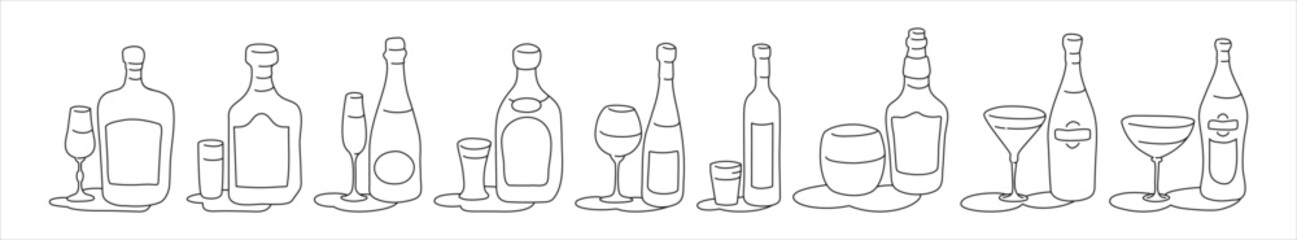 Liquor rum champagne tequila wine vodka whiskey martini vermouth bottle and glass outline icon on white background. Black white cartoon sketch graphic design. Doodle style. Hand drawn image.