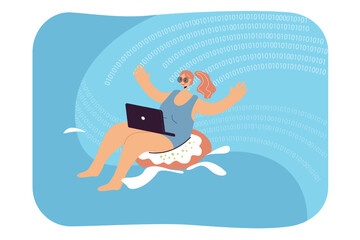 Woman with laptop floating in digital waves of surf. Person exploring virtual cyberspace of internet flat vector illustration. Analysis, network concept for banner, website design or landing web page