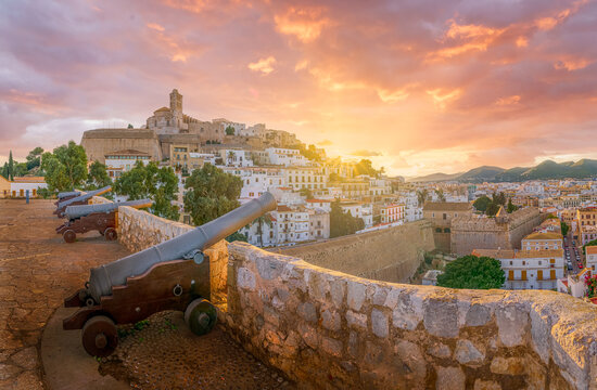 Landscape with Eivissa at sunset time, Ibiza island, Spain