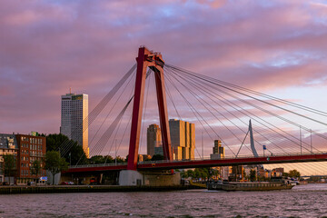 Obraz premium Skyline of orange cable bridge and the Erasmus bridge and Euromast in the background against a blue and orange sunset sky with dramatic clouds