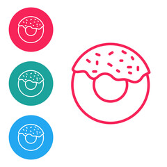 Red line Donut with sweet glaze icon isolated on white background. Set icons in circle buttons. Vector