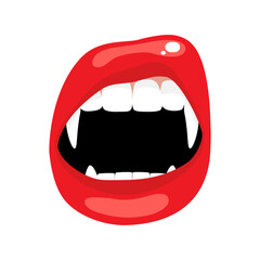 Sexy female lips of red color with big sharp vampire fangs. Print, Halloween isolated vector illustration on white background