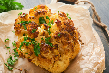 Baked cauliflower. Oven or whole baked cauliflower spices and herbs server on wooden rustic board on old wooden vintage table background. Delicious cauliflower. Eyal Shani dish. Perfect tasty snack.