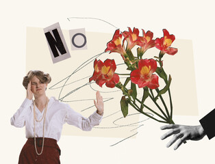 Contemporary art collage. Creative design. Young woman refusing flowers from man.
