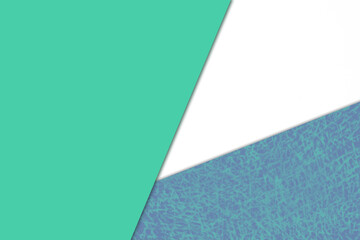 Plain vs textured bright fresh shades of neon blue green purple and white color papers intersecting to form a triangle shape for cover design