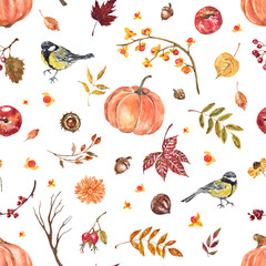 Obraz na płótnie Canvas Fall seamless pattern with watercolor plants, foliage, tit, berries, pumpkins, apples. Autumn harvest illustration.