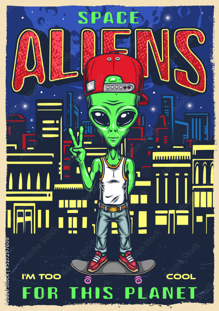 Poster Space aliens vintage colorful flyer