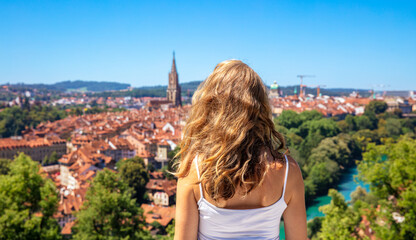 Woman traveler in Switzerland- Bern city landscape