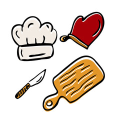 Hand drawn illustration with Kitchen Utensils. Actual vector drawing of cooking tools. Creative doodle style ink art work. Kitchen set