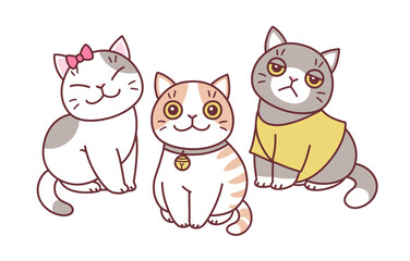Three cute cartoon cats minimal vector illustration. 