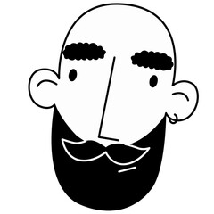 Doodle face of a man with a bald head and a beard. Hand draw.