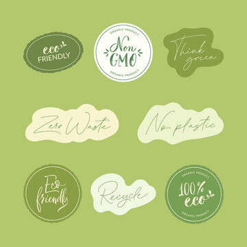 Set Zero Waste handwritten lettering text title sign. Modern calligraphy eco sticker. Motivational quote for choosing eco friendly lifestyle. Concept of ecology and zero waste. Vector illustration