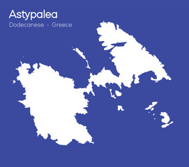 Astypalea vector map silhouette high detailed isolated. White illustration on blue background. Mediterranean island. Astypalea map silhouette. Greek island.