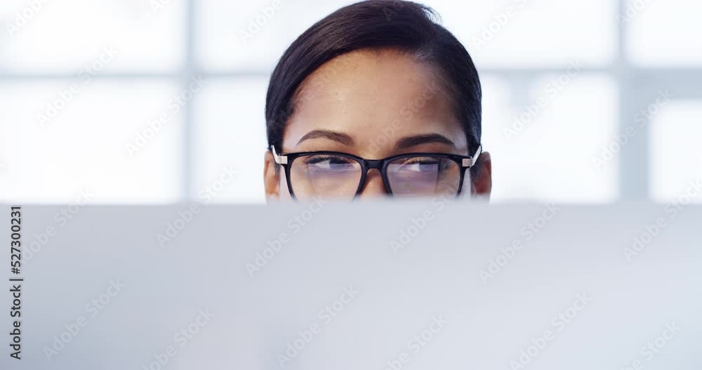 Poster eyes, glasses and reading business woman with a computer or digital marketing worker working on onli