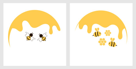 honey sign logos with bee cartoons isolated on white backgrounds vector illustration.