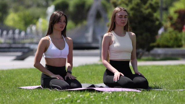 two girl outdoors in the park goes in for sports in a sports top in black leggings on a sports mat in the background a meadow and trees. stretching, twine. coach, training