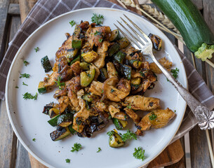 Low carb chicken with roasted zucchini and red onions on a plate