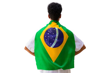 September seven, Brazil Independence Day. Black man holds Brazilian flag isolated.