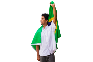 September seven, Brazil Independence Day. Black man holds Brazilian flag isolated.