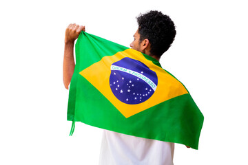 September seven, Brazil Independence Day. Black man holds Brazilian flag isolated.