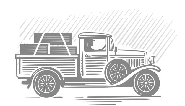 Truck in vintage style. Engraved drawing
