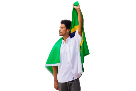 September seven, Brazil Independence Day. Black man holds Brazilian flag isolated.